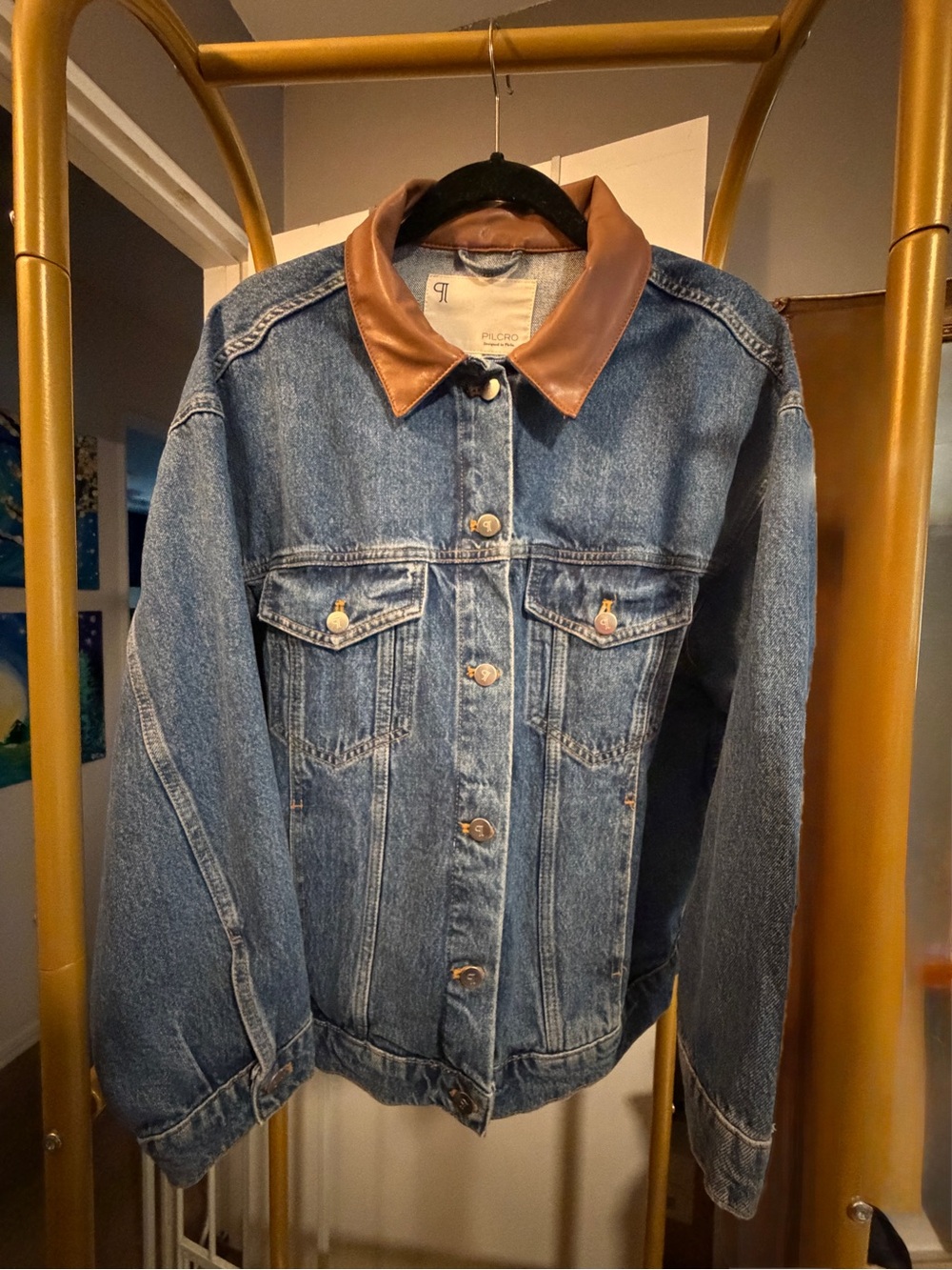 Pilcro Blue Denim Jacket with Brown Leather Collar